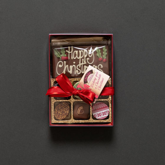 A Selection of 6 Handmade Christmas Chocolates and Happy Christmas Chocolate bar