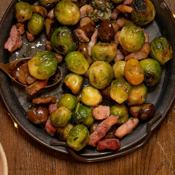 Charred Brussel Sprouts with Pancetta and Chestnuts